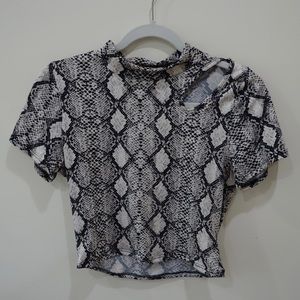Caution To The Wind Snake Skin Print Crop Top with Cut Out Shoulder - Large